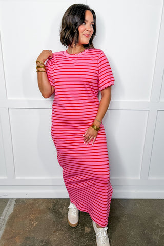Pink & Red Stripe Midi Dress