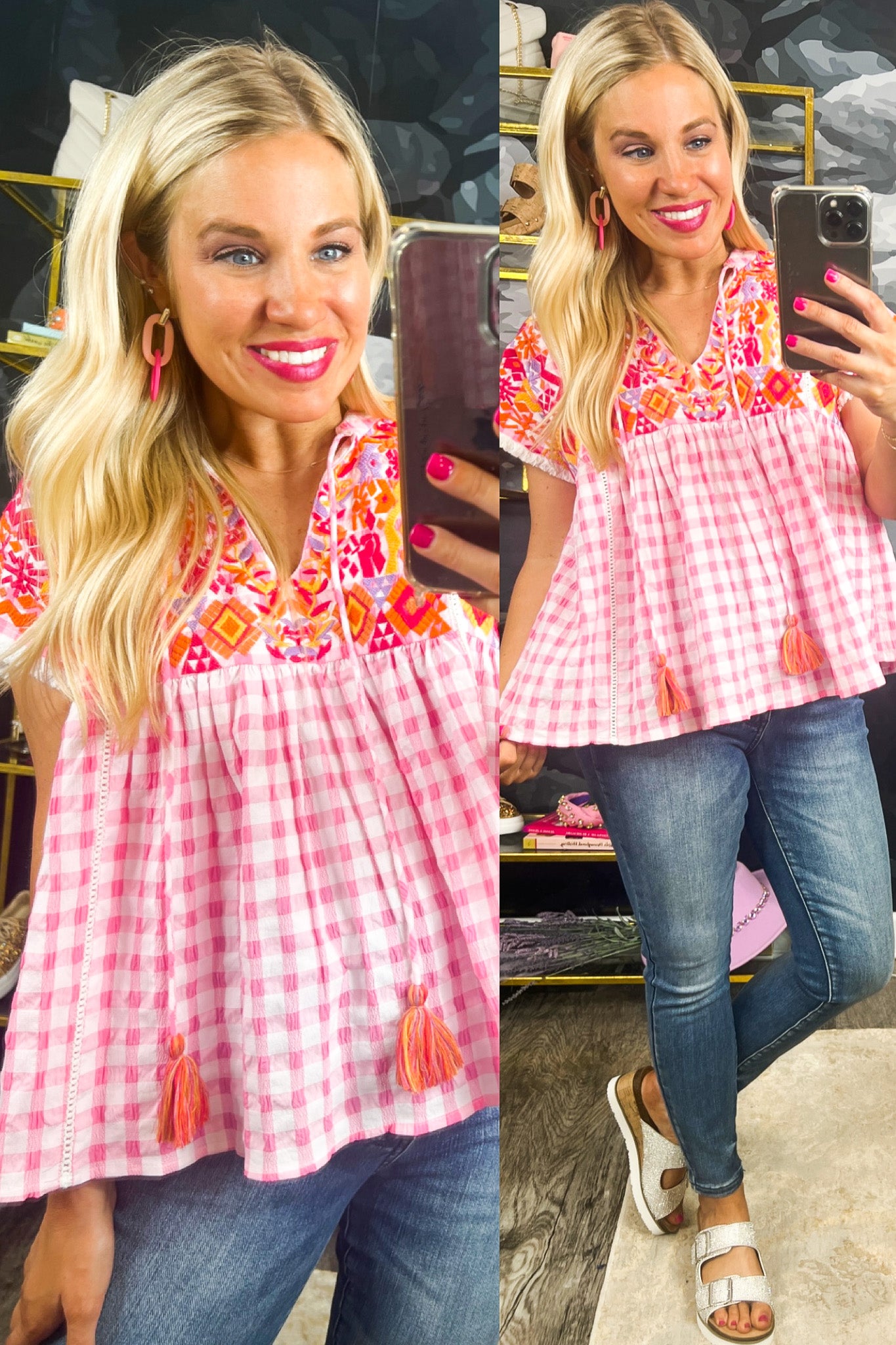 Embroidered Pink Gingham Top with Tassels by THML