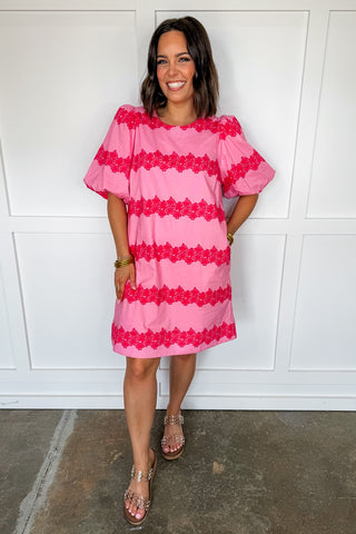Southern Social Lace Stripe Dress in Pink