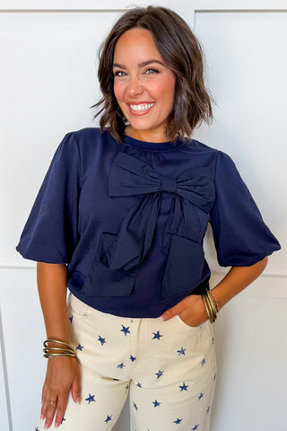 Sweet Bow Terry Top in Navy