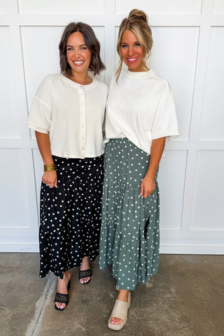 Charleston Breeze Polka Dot Midi Skirt in Black