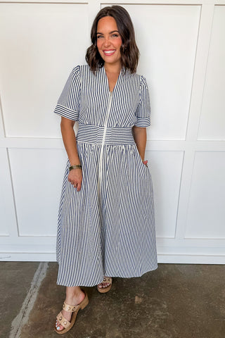 Best-Selling Krissy Zip-up Midi Dress in Navy Stripes
