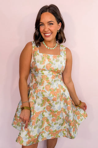 The Eliza Garden Dress in Blue & Peach