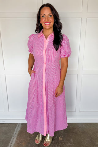 Sweet Caroline Contrast Trim Midi Dress in Pink