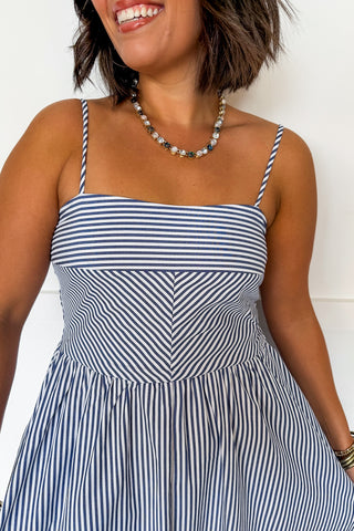 Sweet Escape Pin Stripe Midi Dress in Navy