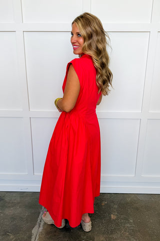 The Amy Button Front Midi Dress in Red