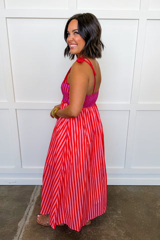 The Happy Scalloped Stripe Midi Dress in Hot Pink & Orange