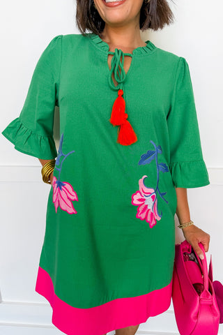 Garden Tassel Shift Dress in Green
