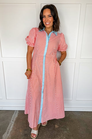 Sweet Caroline Contrast Trim Midi Dress in Peach