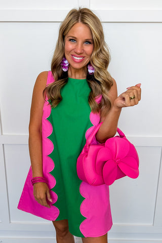 Scallop Pop Shift Dress in Green & Pink