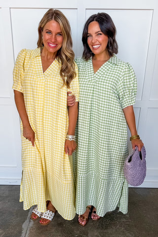 Picnic Perfect Gingham Midi Dress in Lemon