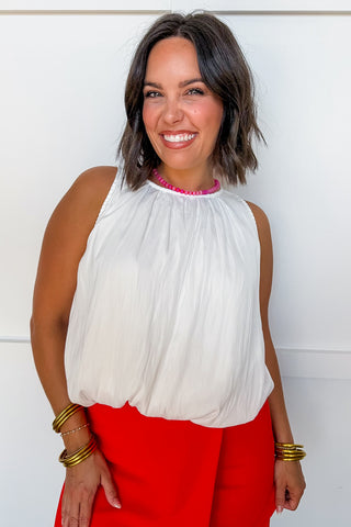 The Mary Bubble Hem Top in Off White