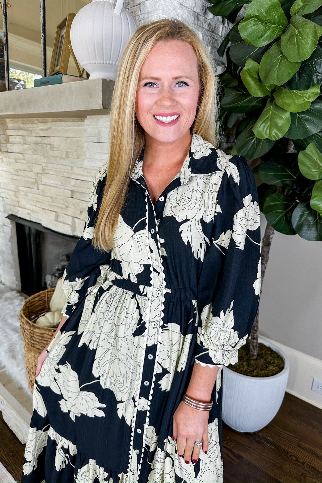 Ric Rac Trim Button Down Double Cinch Tie Floral Midi Dress in Black