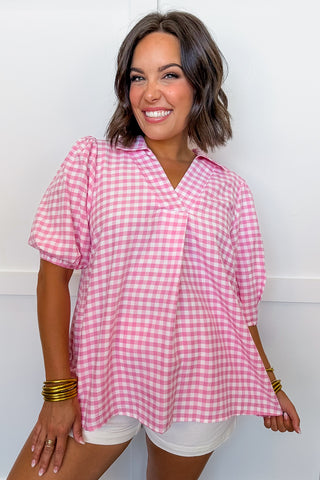 Pretty In Gingham Top in Pink