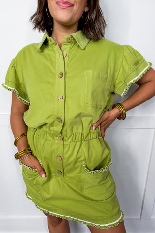 Hot Pink Deal - Chic Button Front Mini Dress in Green