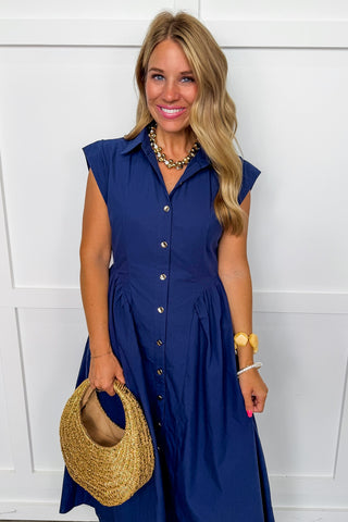 The Amy Button Front Midi Dress in Navy