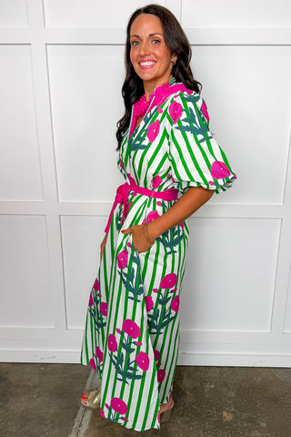 Fairway & Florals Tie Waist Midi Dress