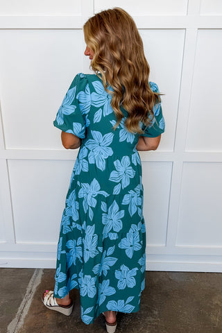 The Kinsley Midi Dress in Lagoon Bloom Ocean by Mary Square