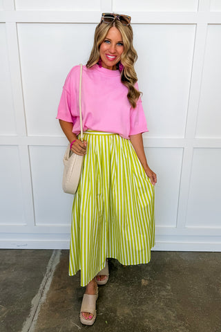 Sunlit Stroll Stripe Midi Skirt in Lime