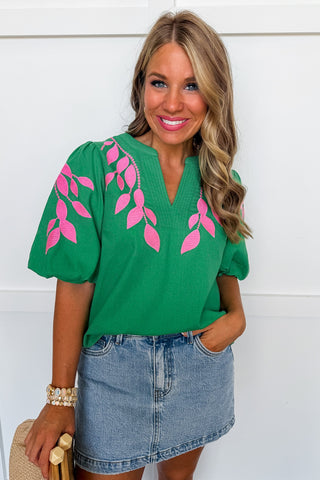 Garden Mosaic Embroidered Bubble Sleeve Top in Green