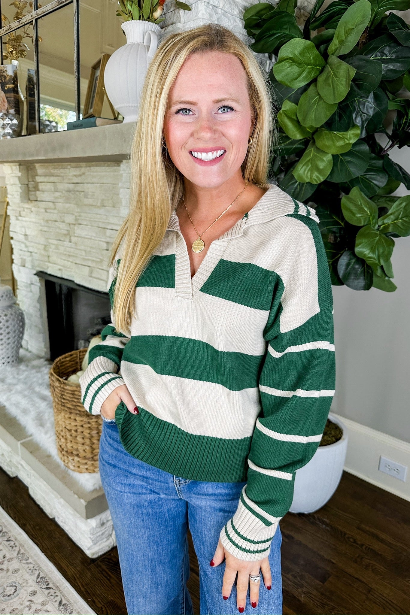 Ribbed Notch Neck Collared Green Striped Knit Sweater