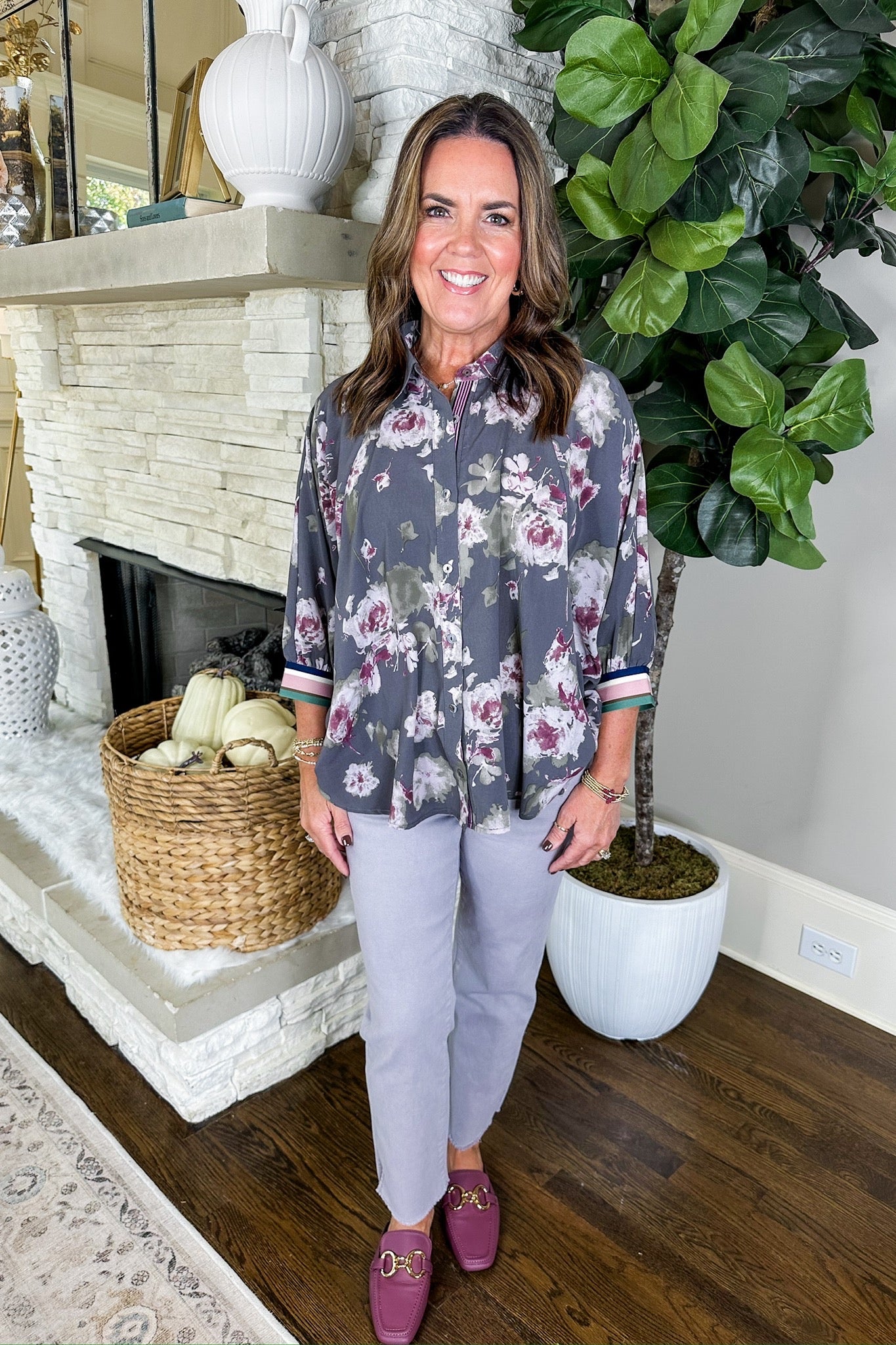 Striped Cuff Sleeve Grey Floral Button-Down Poncho Top