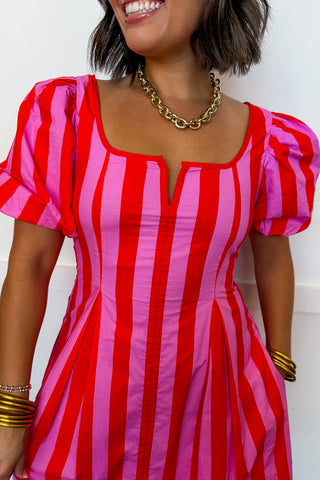Just Feels Right Puff Sleeve Stripe Dress in Pink & Red
