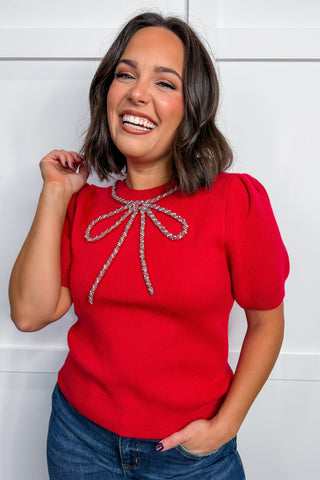 The Bejeweled Bow Top in Red