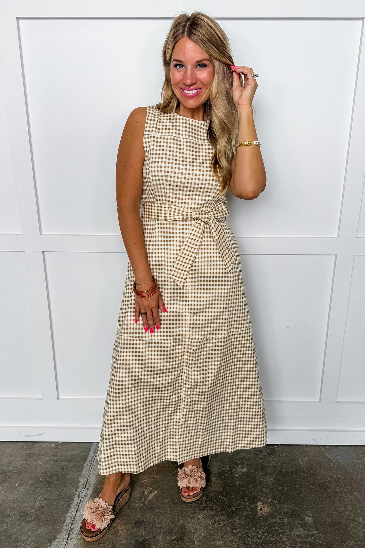 Tan Gingham Midi Dress Small