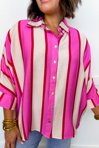 Pink On Repeat Stripe Button Top