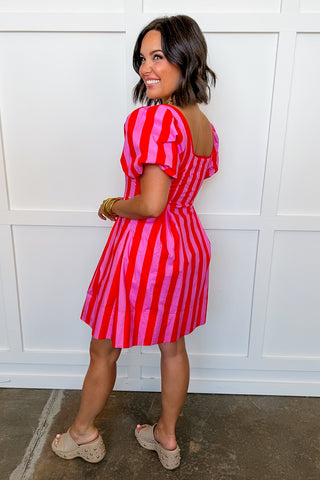 Just Feels Right Puff Sleeve Stripe Dress in Pink & Red