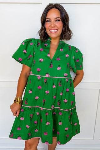 The Vivy Green & Pink Floral Tiered Dress