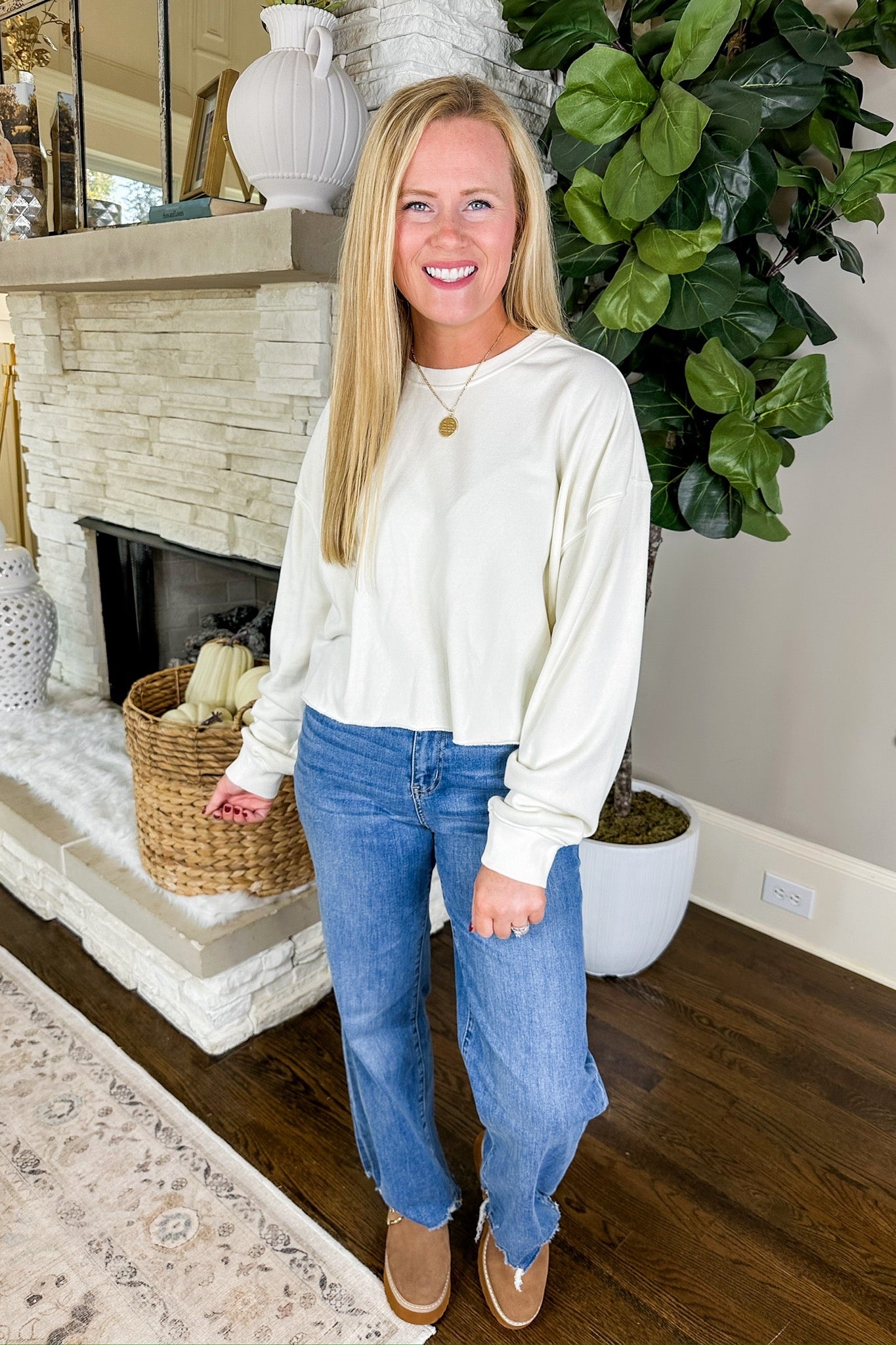 Cream Cropped Terry Cloth Lined Sweatshirt