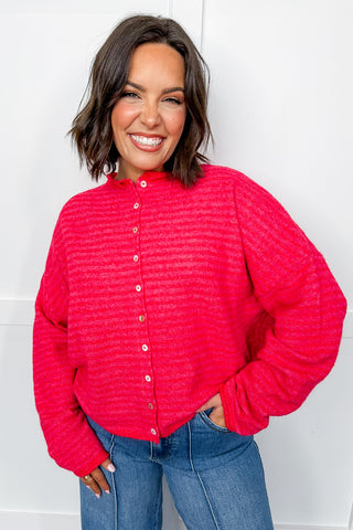 Cozy Red & Pink Striped Front Button Knit Cardigan