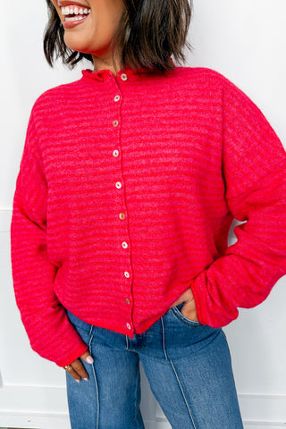 Cozy Red & Pink Striped Front Button Knit Cardigan