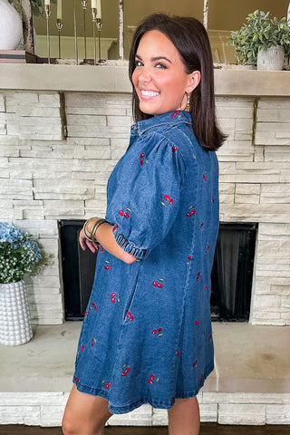Cherry Picked Button Down Denim Dress