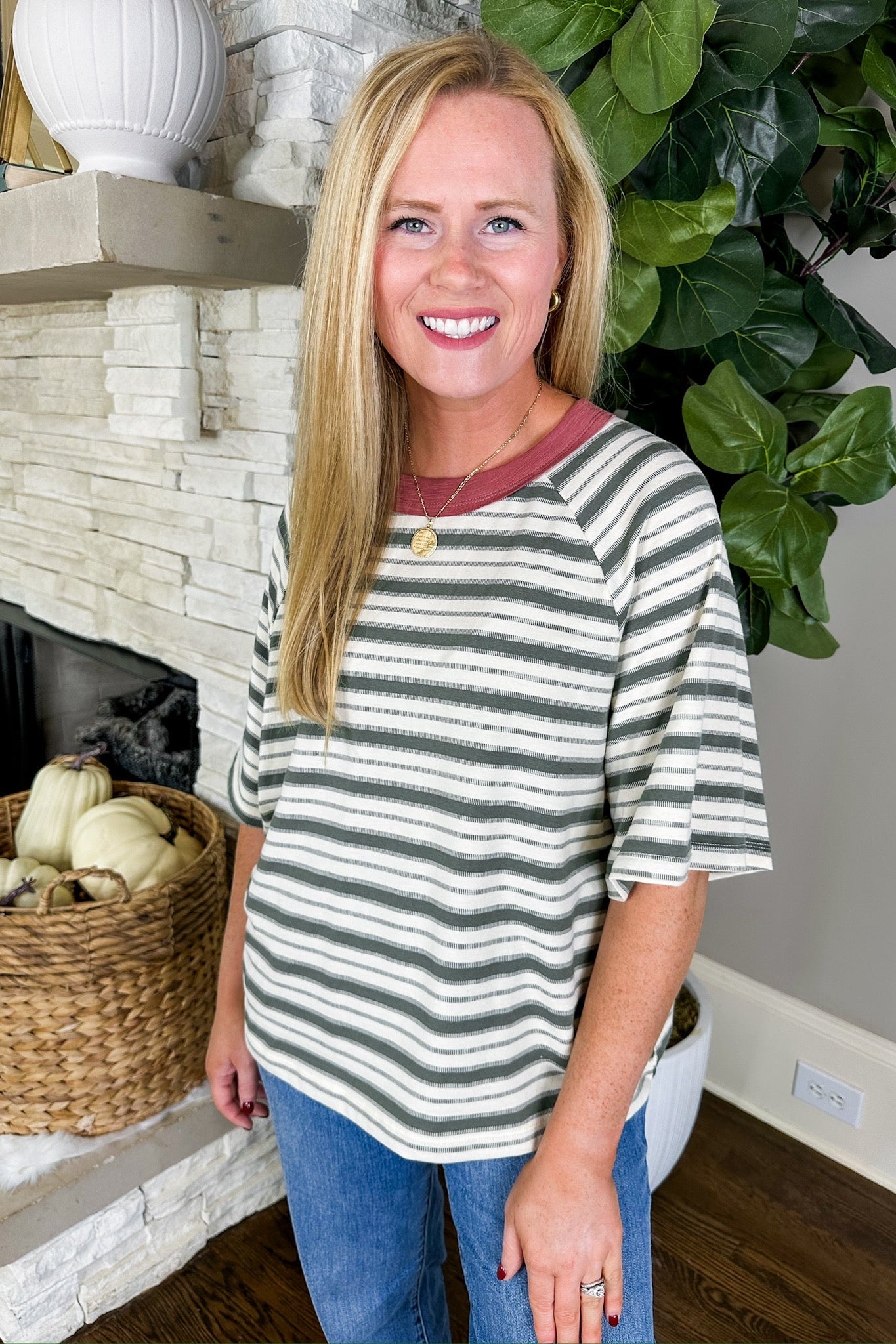 Boxy Rose Pink Trim Olive & Cream Striped Top