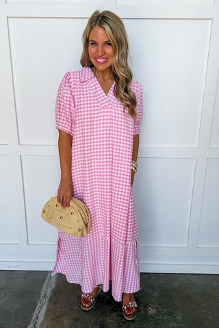 Picnic Perfect Gingham Midi Dress in Pink