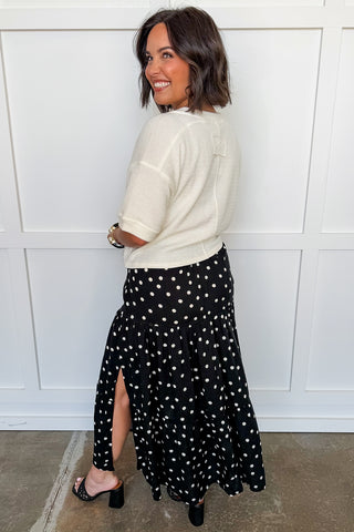 Charleston Breeze Polka Dot Midi Skirt in Black