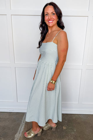 Sweet Escape Pin Stripe Midi Dress in Sage