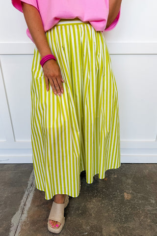 Sunlit Stroll Stripe Midi Skirt in Lime