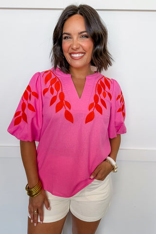 Garden Mosaic Embroidered Bubble Sleeve Top in Pink