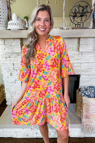 The Lizzy Sunday Dress in Yellow Multi Hydrangea