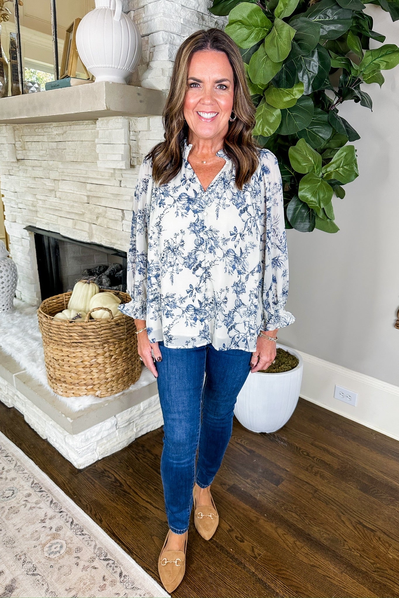 Blue Floral Loop Button Down Smocked Sleeve Top