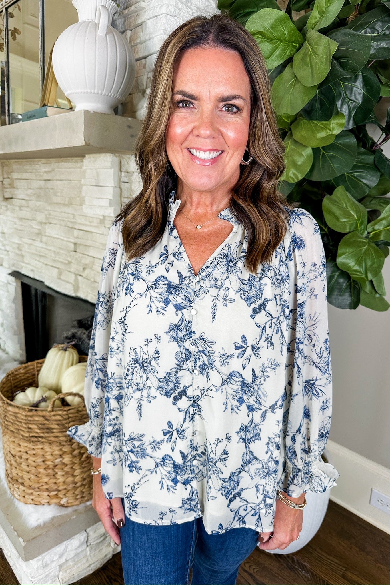 Blue Floral Loop Button Down Smocked Sleeve Top