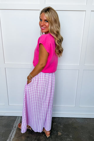 Two Items = Gingham Maxi Dress + Pink Sweater