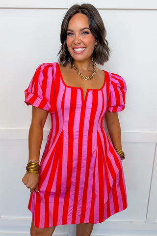 Just Feels Right Puff Sleeve Stripe Dress in Pink & Red