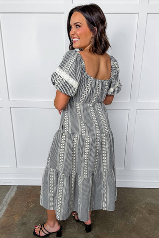 Embroidered Cream Striped Black Gingham Tiered Midi Dress