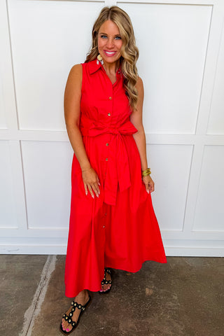 The Lily Button Down Belted Dress in Cherry Red