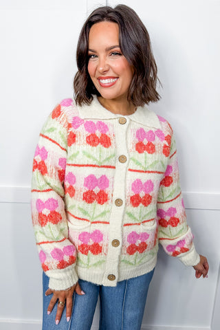 Ivory Floral Collared Cardigan